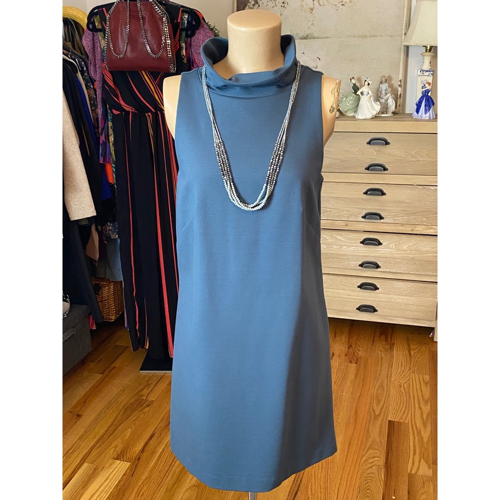 Ann Taylor Petite Slate Blue Funnel Neck Sleeveless Ponte Shift Dress SP